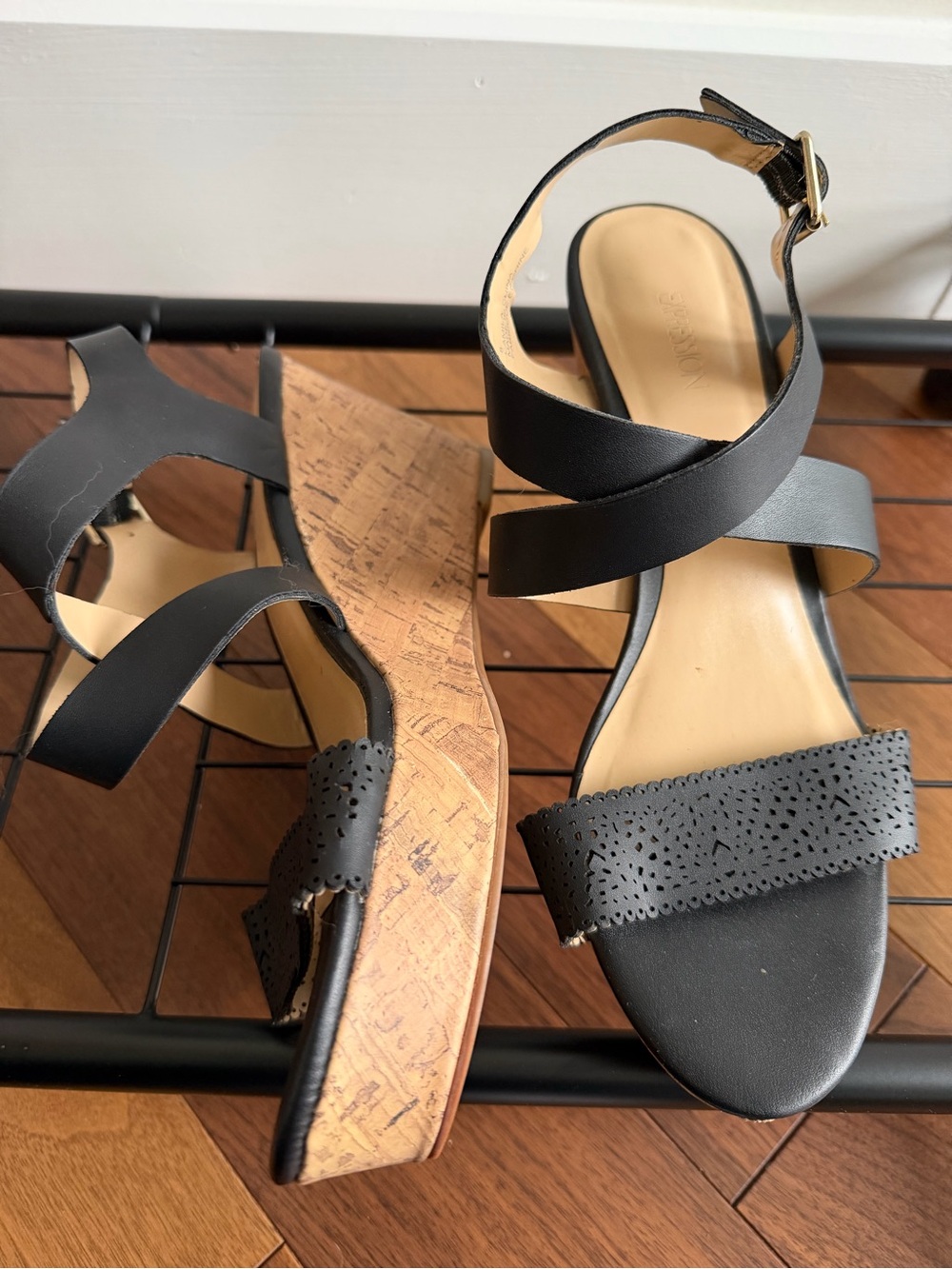 Expression Black Faux Leather Cork Platform Wedge Sandals Size 8